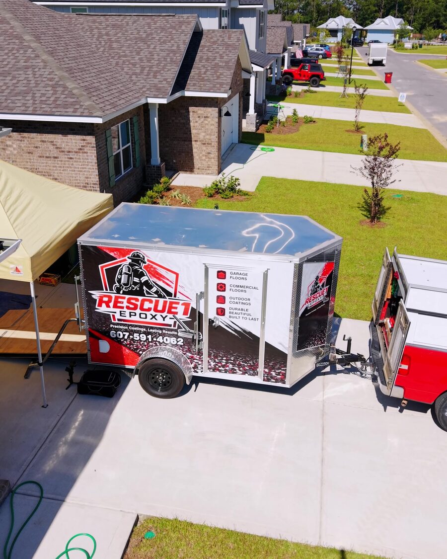 Aerial view of a job in progress with the Rescue 1 Epoxy trailer on site